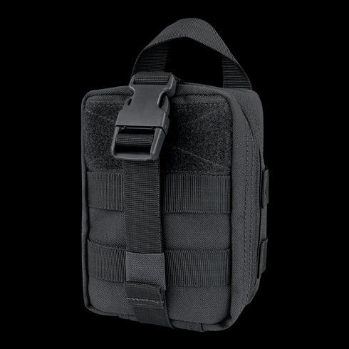 The Condor Rip-Away EMT Pouch Lite is a compact black pouch with a buckle closure, front MOLLE webbing, and top handle—perfect for military or bushcraft applications.